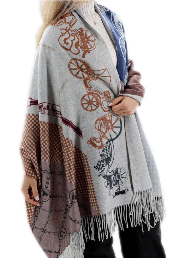 La Fiorentina Chain/Carriage Ride Print Cashmere Wrap - Grey/Brown/Navy - One Size