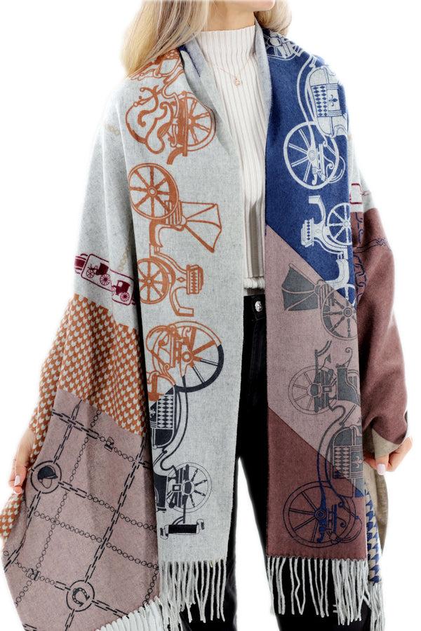 la fiorentina Chain/Carriage Ride Print Cashmere Wrap - Grey/Brown/Navy - One Size