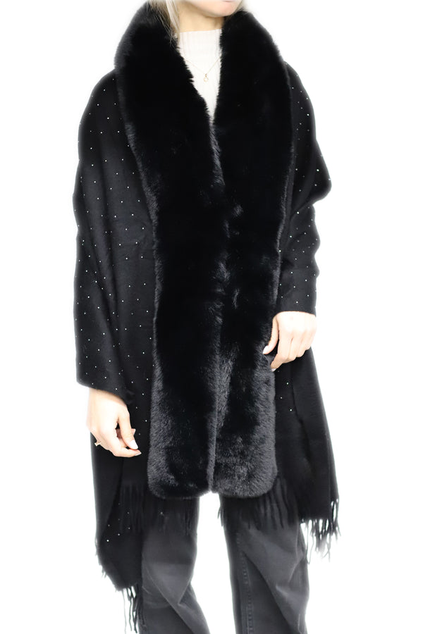 La Fiorentina Embellished Black Cashmere Wrap With Fringe - 100% Cashmere