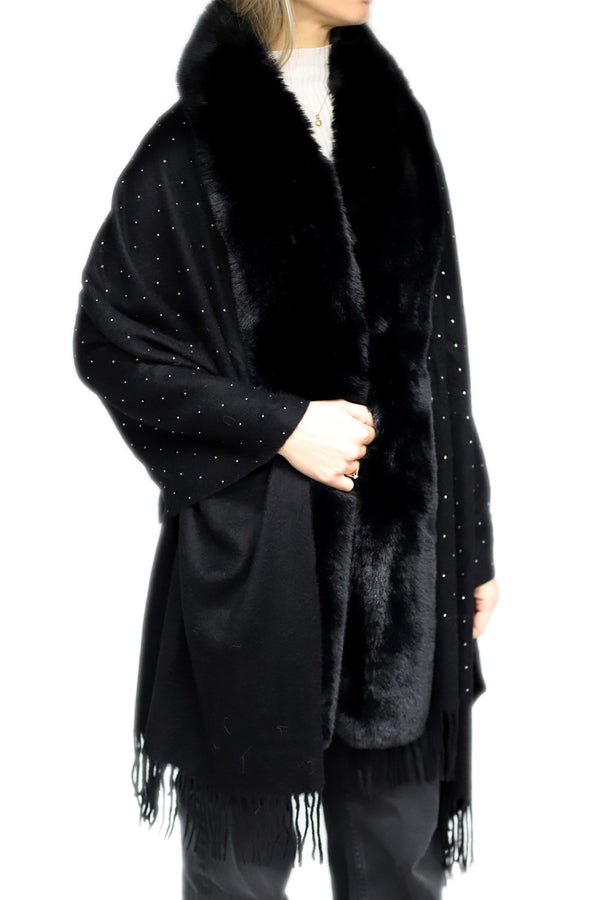 la fiorentina Embellished Black Cashmere Wrap with Fringe - 100% Cashmere