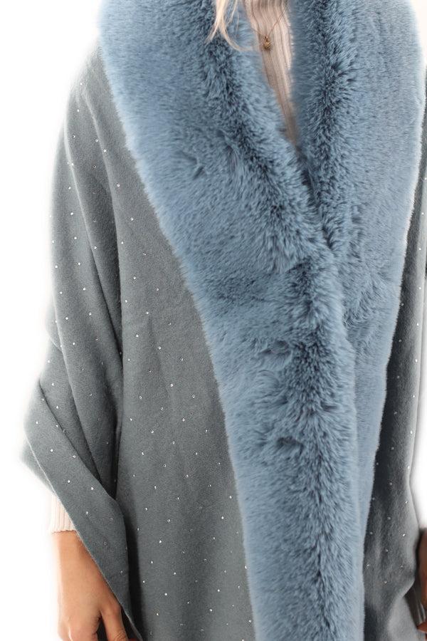 La Fiorentina Embellished Blue Cashmere Wrap With Fringe - 100% Cashmere