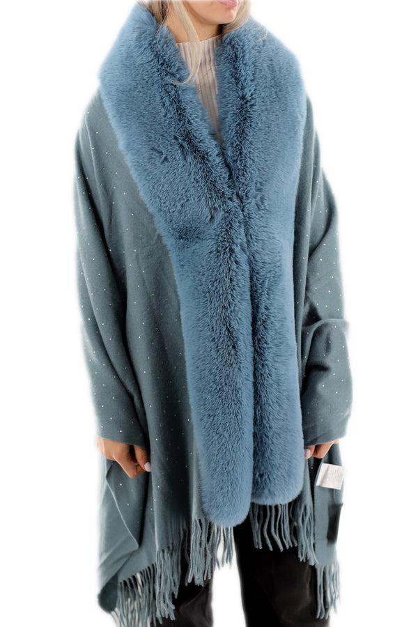 La Fiorentina Embellished Blue Cashmere Wrap With Fringe - 100% Cashmere
