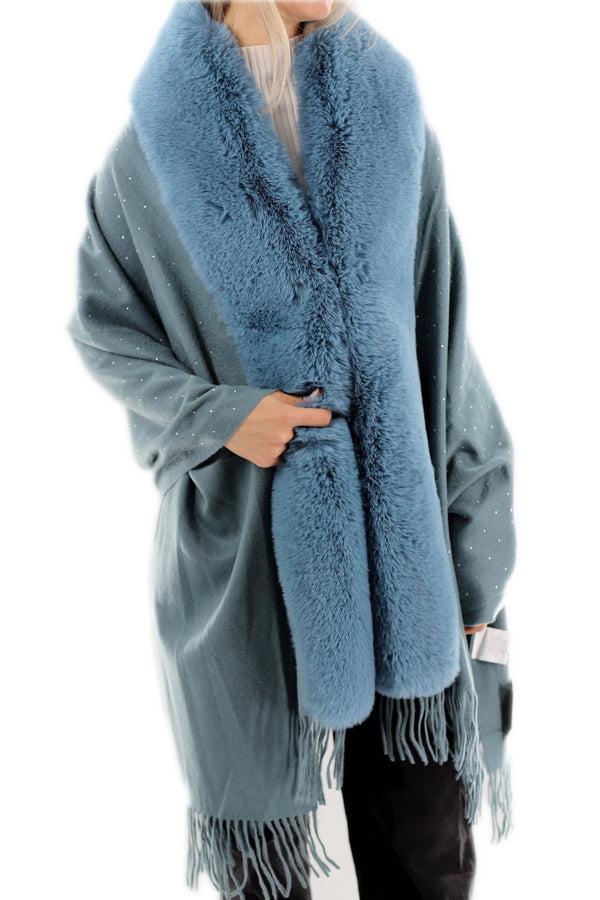 la fiorentina Embellished Blue Cashmere Wrap with Fringe - 100% Cashmere