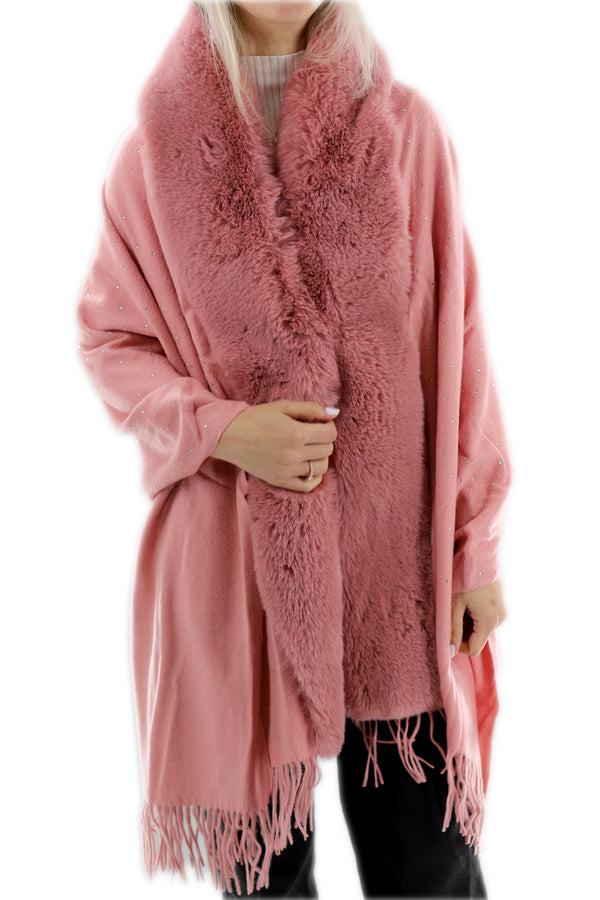 La Fiorentina Embellished Pink Cashmere Wrap With Fringe - 100% Cashmere