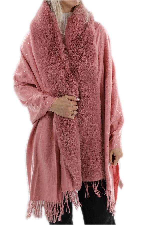 La Fiorentina Embellished Pink Cashmere Wrap With Fringe - 100% Cashmere
