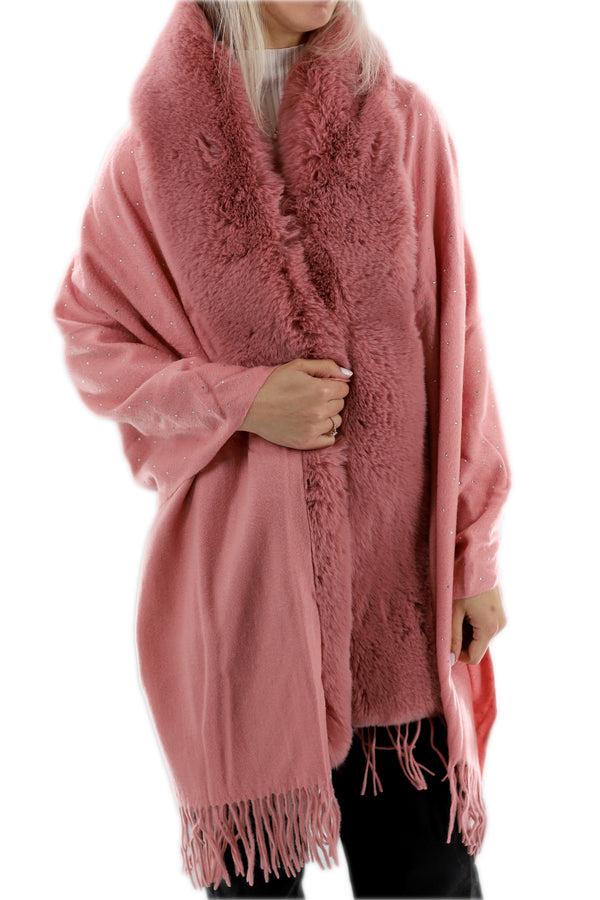 la fiorentina Embellished Pink Cashmere Wrap with Fringe - 100% Cashmere