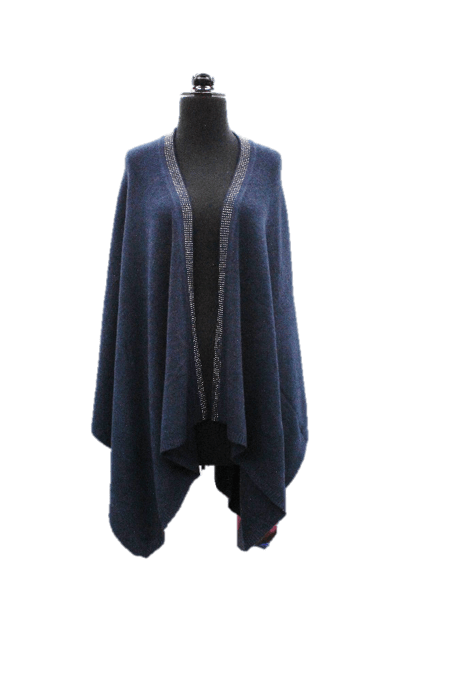 La Fiorentina Embellished Trimmed Border Ruana - Navy