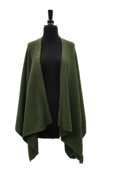 la fiorentina Embellished Trimmed Border Ruana-Olive