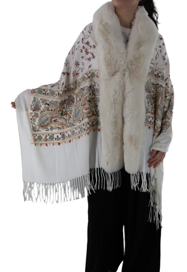 la fiorentina EMBROIDERED FLORAL WRAP WITH FAUX FUR