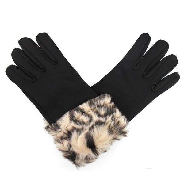 la fiorentina Faux Fur Leopard Print Cuff Glove-Black