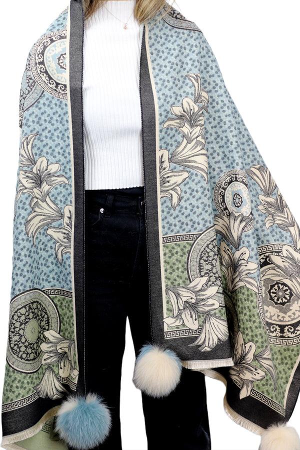 La Fiorentina Floral & Abstract Print Wrap With Fox Poms - Blue/Beige