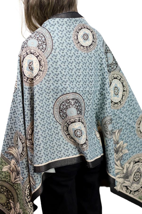 La Fiorentina Floral & Abstract Print Wrap With Fox Poms - Blue/Beige