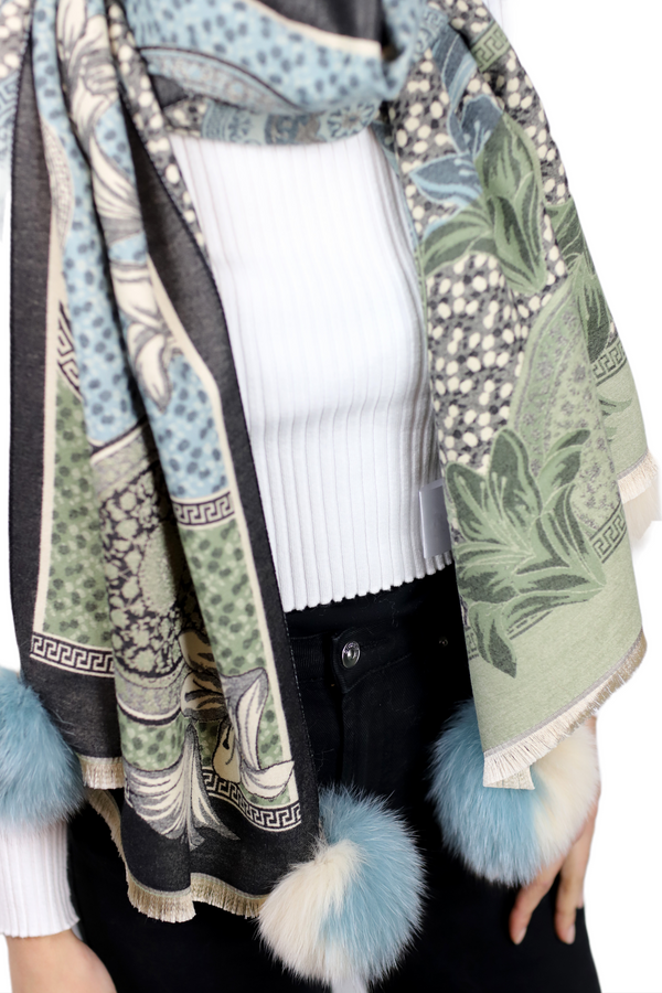 La Fiorentina Floral & Abstract Print Wrap With Fox Poms - Blue/Beige