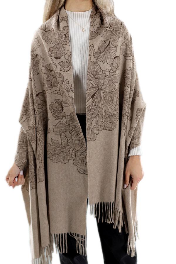 La Fiorentina Floral Print Beige Cashmere Wrap - One Size (28x72)