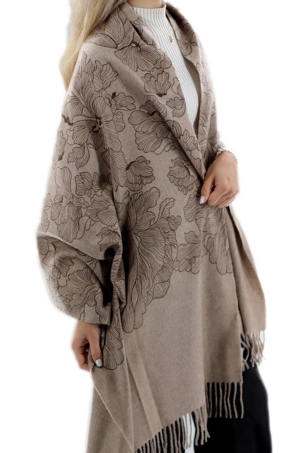 La Fiorentina Floral Print Beige Cashmere Wrap - One Size (28x72)