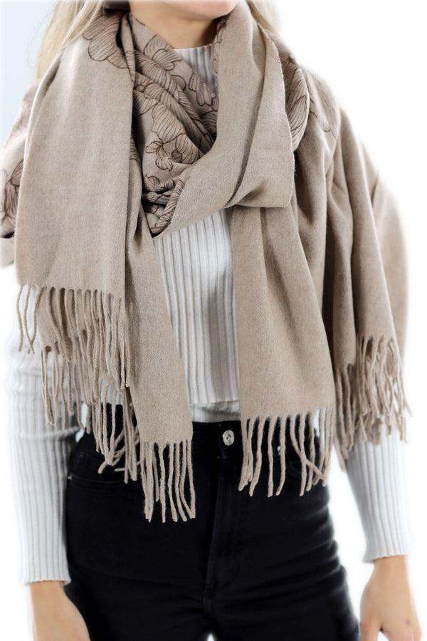 La Fiorentina Floral Print Beige Cashmere Wrap - One Size (28x72)