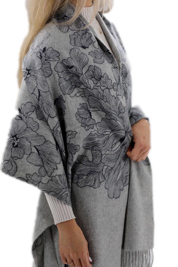 La Fiorentina Floral Print Grey Cashmere Wrap - One Size (28x72)