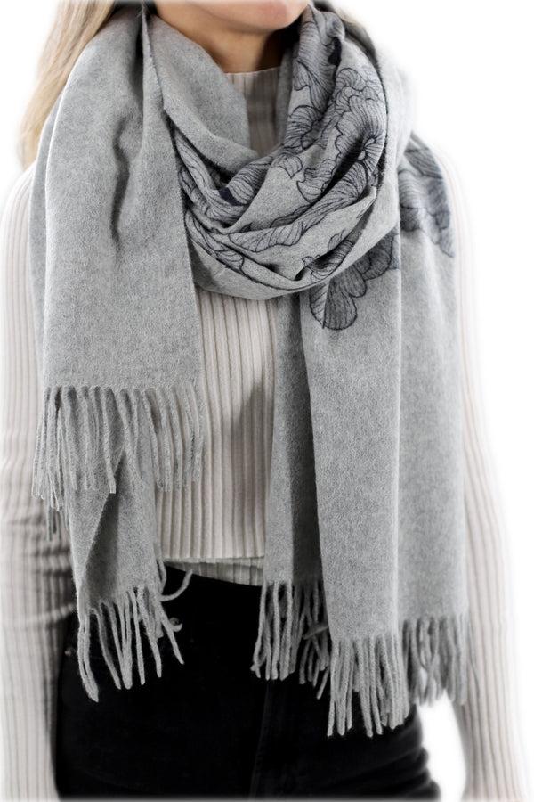 La Fiorentina Floral Print Grey Cashmere Wrap - One Size (28x72)
