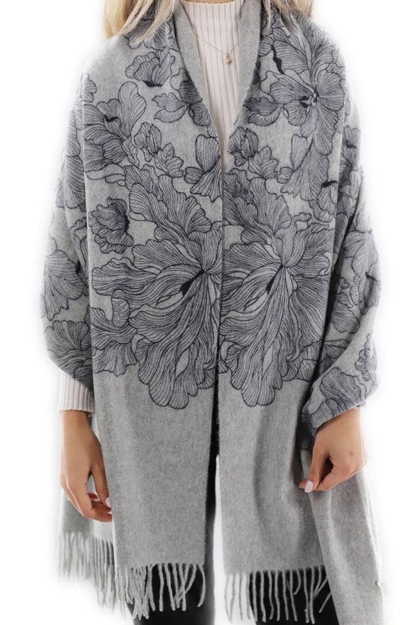 La Fiorentina Floral Print Grey Cashmere Wrap - One Size (28x72)
