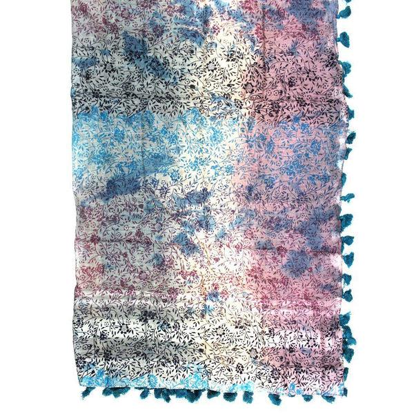 La Fiorentina Floral Print Pom Pom Fringe Scarf - Blue/Pink