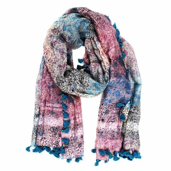 la fiorentina Floral Print Pom Pom Fringe Scarf - Blue/Pink