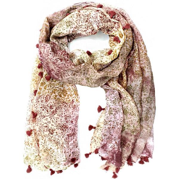 la fiorentina Floral Print Pom Pom Fringe Scarf - Brown/Khaki