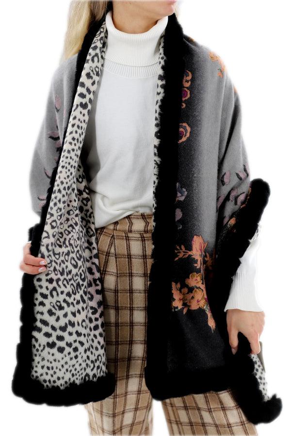 La Fiorentina Floral Reversible Animal Print Wrap With Genuine Rex Rabbit Trim - 100% Wool - Black