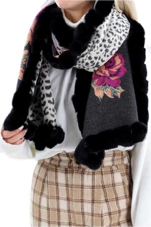 La Fiorentina Floral Reversible Animal Print Wrap With Genuine Rex Rabbit Trim - 100% Wool - Black