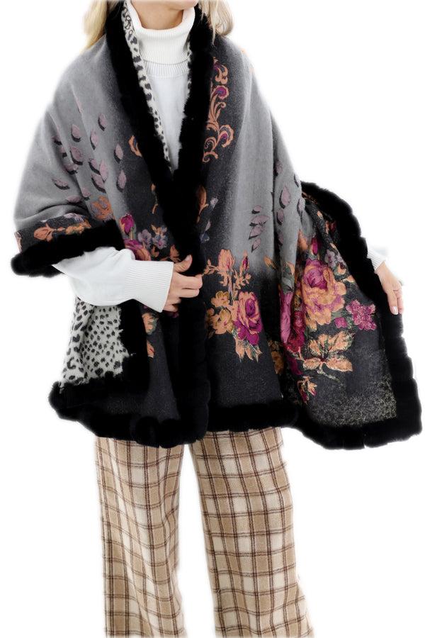 La Fiorentina Floral Reversible Animal Print Wrap With Genuine Rex Rabbit Trim - 100% Wool - Black