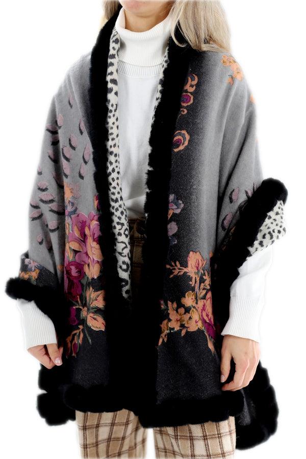 la fiorentina Floral Reversible Animal Print Wrap with Genuine Rex Rabbit Trim - 100% Wool - Black la fiorentina Floral Reversible Animal Print Wrap with Genuine Rex Rabbit Trim - 100% Wool - Black