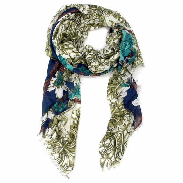 la fiorentina Floral Tapestry Print Scarf - Navy/Green