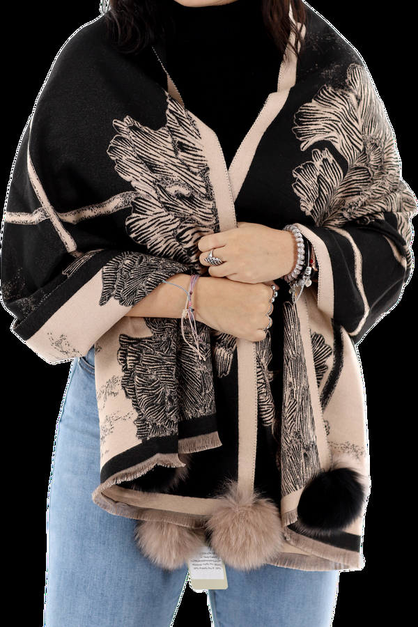 la fiorentina Garden Print Wrap with Fox Fur Poms | Black/Taupe