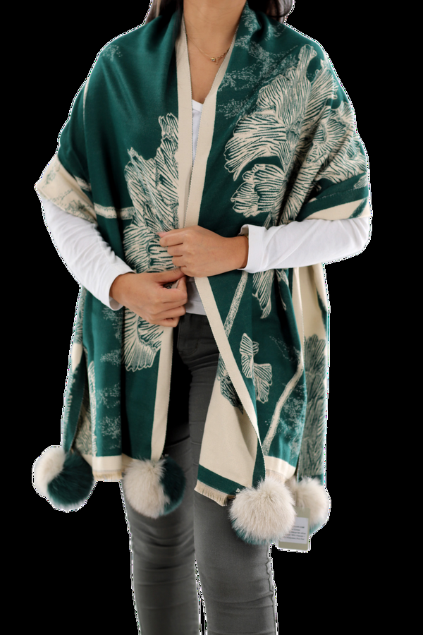 La Fiorentina Garden Print Wrap With Fox Fur Poms | Teal/Ivory