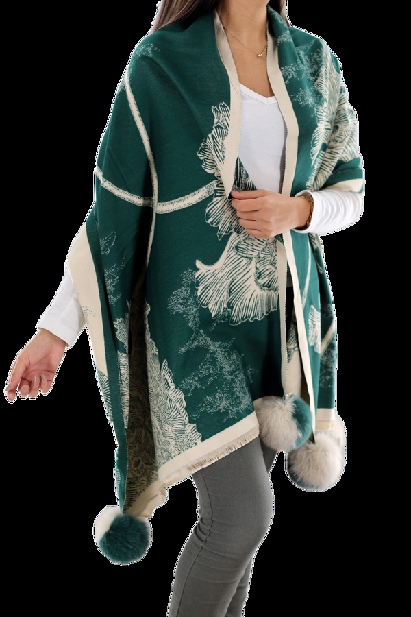 la fiorentina Garden Print Wrap with Fox Fur Poms | Teal/Ivory