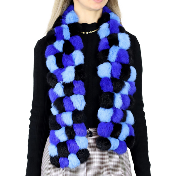 La Fiorentina Genuine Rabbit Pom Pom Scarf - Blue/Navy
