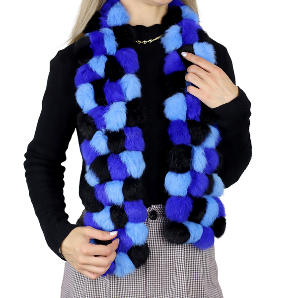 la fiorentina Genuine Rabbit Pom Pom Scarf - Blue/Navy