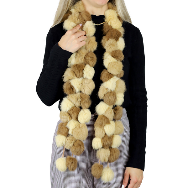 La Fiorentina Genuine Rabbit Pom Pom Scarf - Ivory/Camel