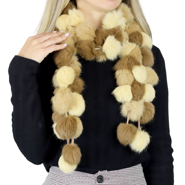 La Fiorentina Genuine Rabbit Pom Pom Scarf - Ivory/Camel