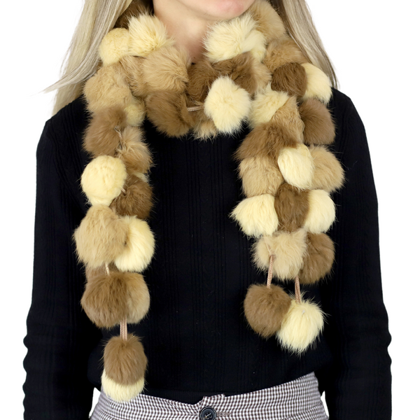 La Fiorentina Genuine Rabbit Pom Pom Scarf - Ivory/Camel