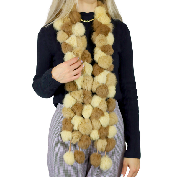 la fiorentina Genuine Rabbit Pom Pom Scarf - Ivory/Camel