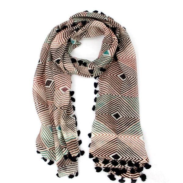 la fiorentina Geometric Print Tassel Scarf - Chocolate