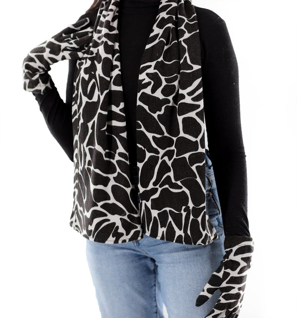 la fiorentina Giraffe Print Scarf and Glove Set-Black/White