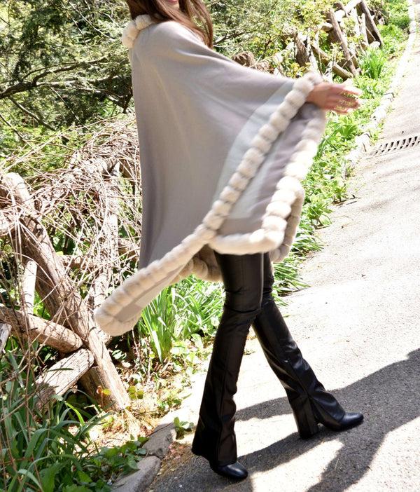 La Fiorentina Houndstooth Cape/Wrap With Faux Trim - Beige/Taupe