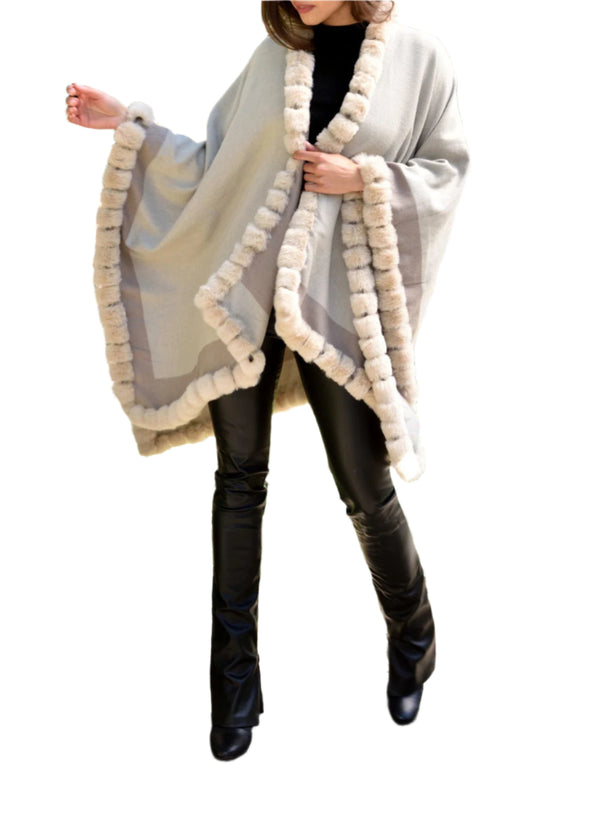 la fiorentina Houndstooth Cape/Wrap with Faux Trim - Beige/Taupe
