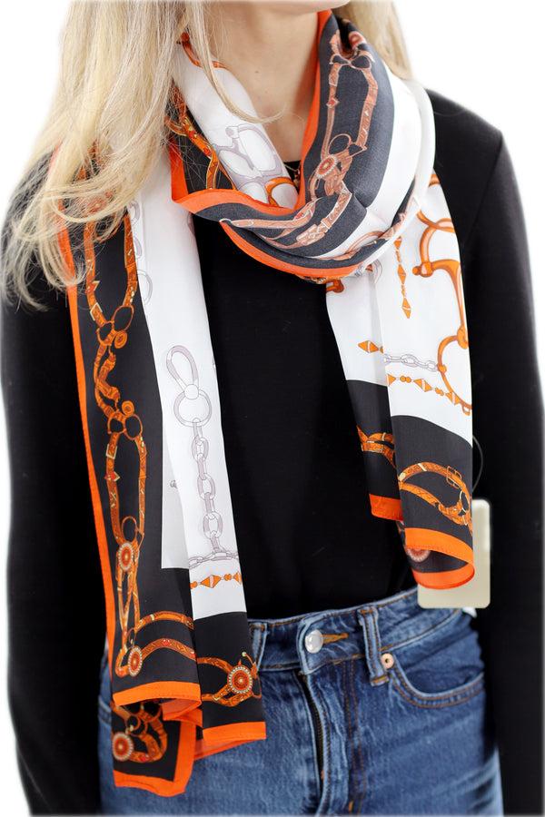 La Fiorentina Iconic 100% Silk Chain Print Scarf - Orange - One Size (38x30in)