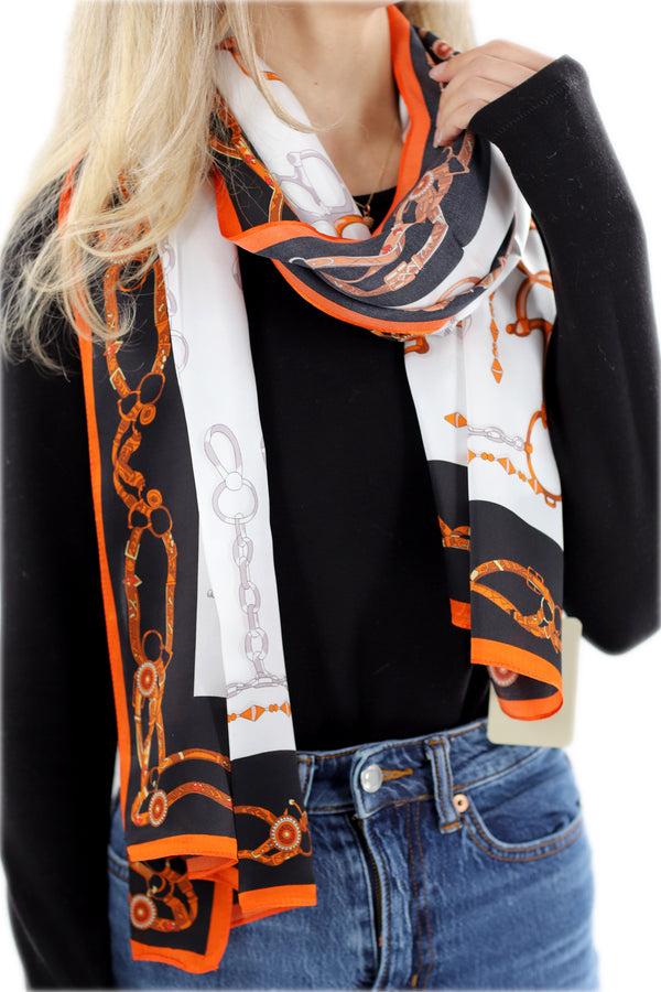 La Fiorentina Iconic 100% Silk Chain Print Scarf - Orange - One Size (38x30in)