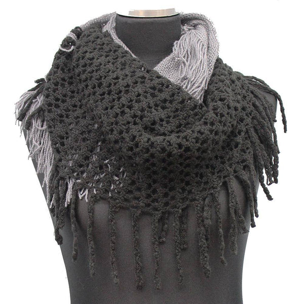 La Fiorentina Infinity Scarf W/ Open Knit & Fringe-Black/Grey