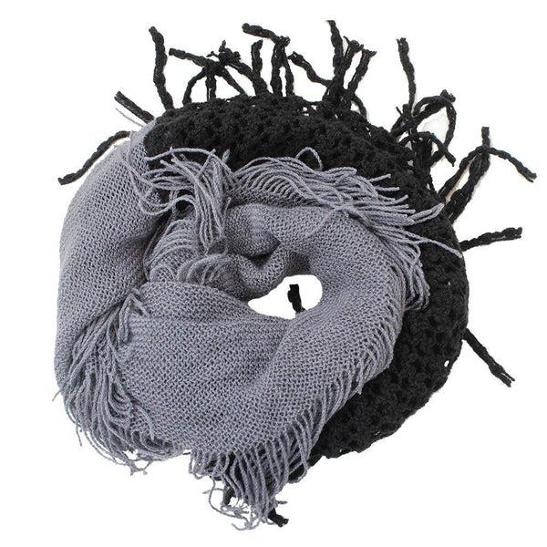 La Fiorentina Infinity Scarf W/ Open Knit & Fringe-Black/Grey
