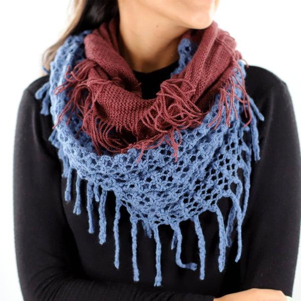 la fiorentina Infinity Scarf w/ Open Knit & Fringe - Blue/Brown