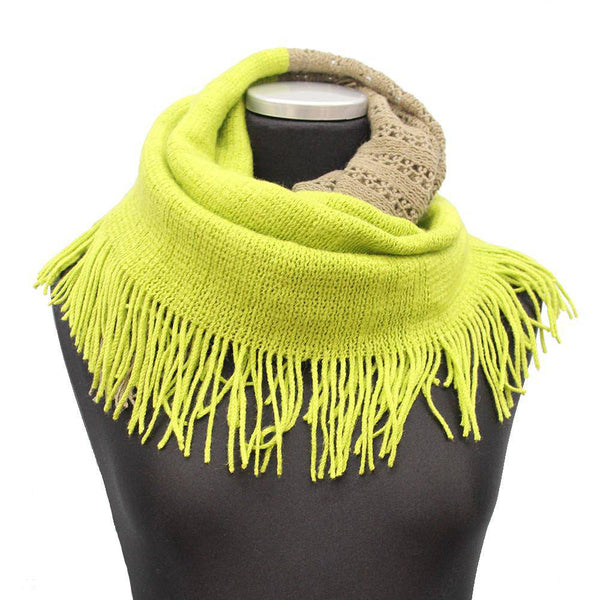 La Fiorentina Infinity Scarf W/ Open Knit & Fringe - Olive Green